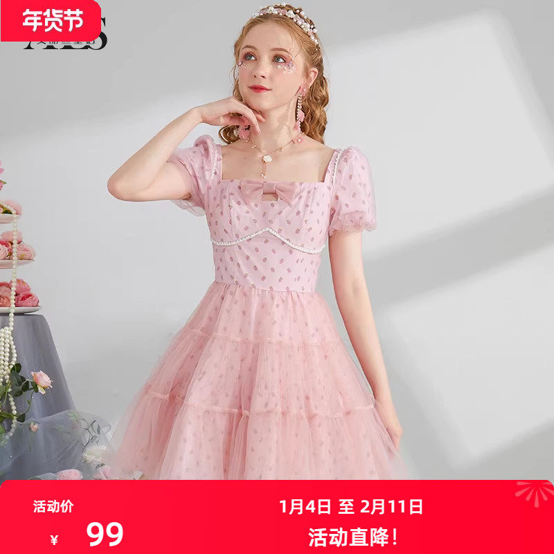 艾丽丝2025年夏季新款粉色甜美短款连衣裙印花镂空方领公主风裙子,女装/女士精品,连衣裙,淘宝优惠券,粉丝福利购,淘宝优惠卷