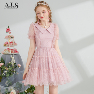 艾丽丝2026夏季新款甜美减龄公主裙蕾丝网纱荷叶边短款蛋糕连衣裙