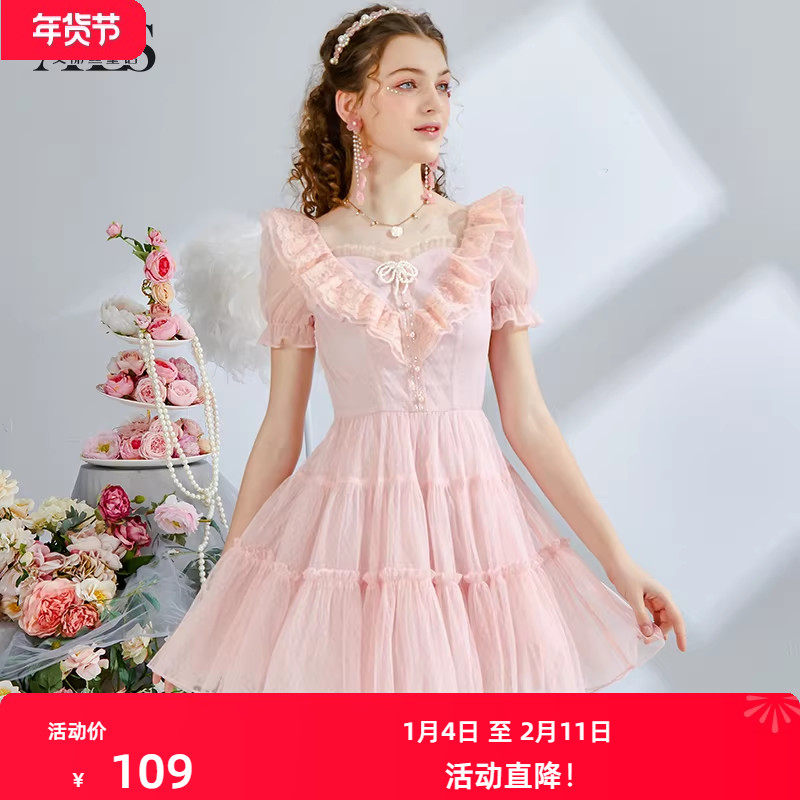 艾丽丝2025夏季新款甜美刺绣粉色短袖公主裙黑色蕾丝短款连衣裙女