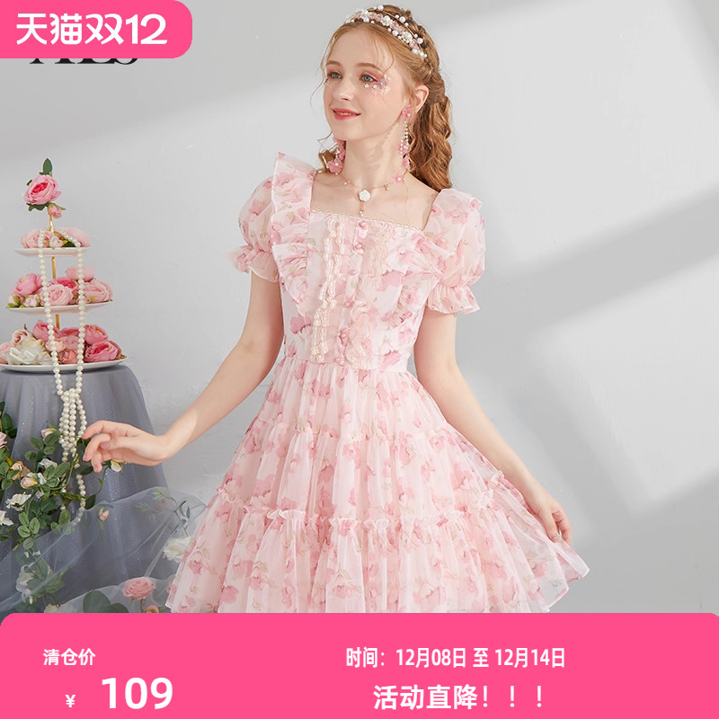 艾丽丝2025夏季新款粉色甜美公主裙蕾丝花边泡泡袖方领短款连衣裙