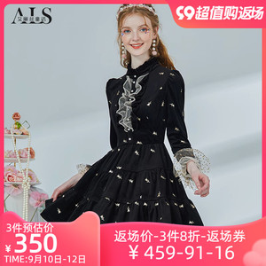 艾丽丝黑色丝绒公主风短裙2023秋冬新款刺绣荷叶边减龄蛋糕连衣裙