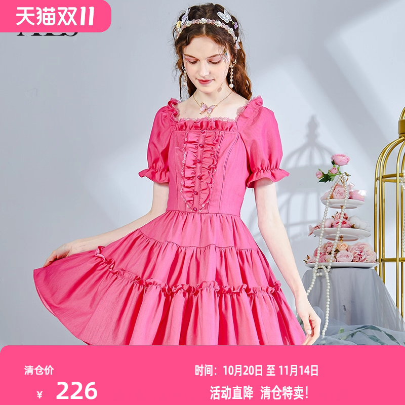 艾丽丝甜美方领短款连衣裙女2025夏季新款牛仔弹力短袖蛋糕公主裙