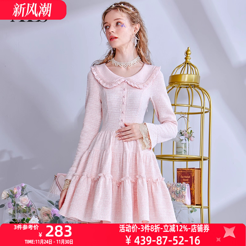 艾丽丝2025秋季新款超仙娃娃领连衣裙女粉色甜美短款公主风裙子