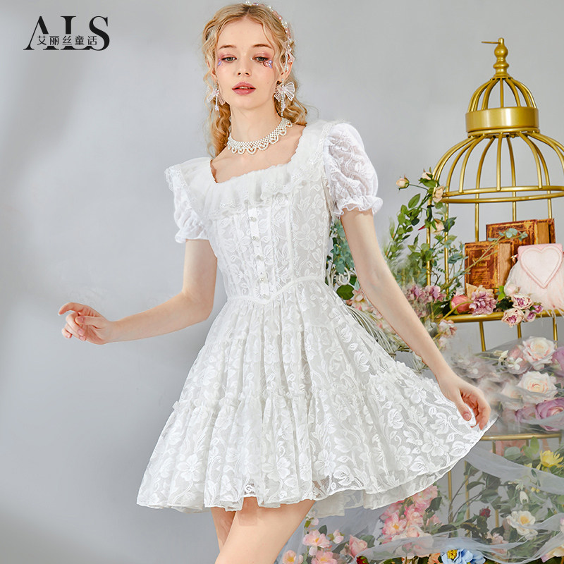 2025夏季新款甜美减龄公主裙刺绣娃娃领白色蕾丝短款连衣裙