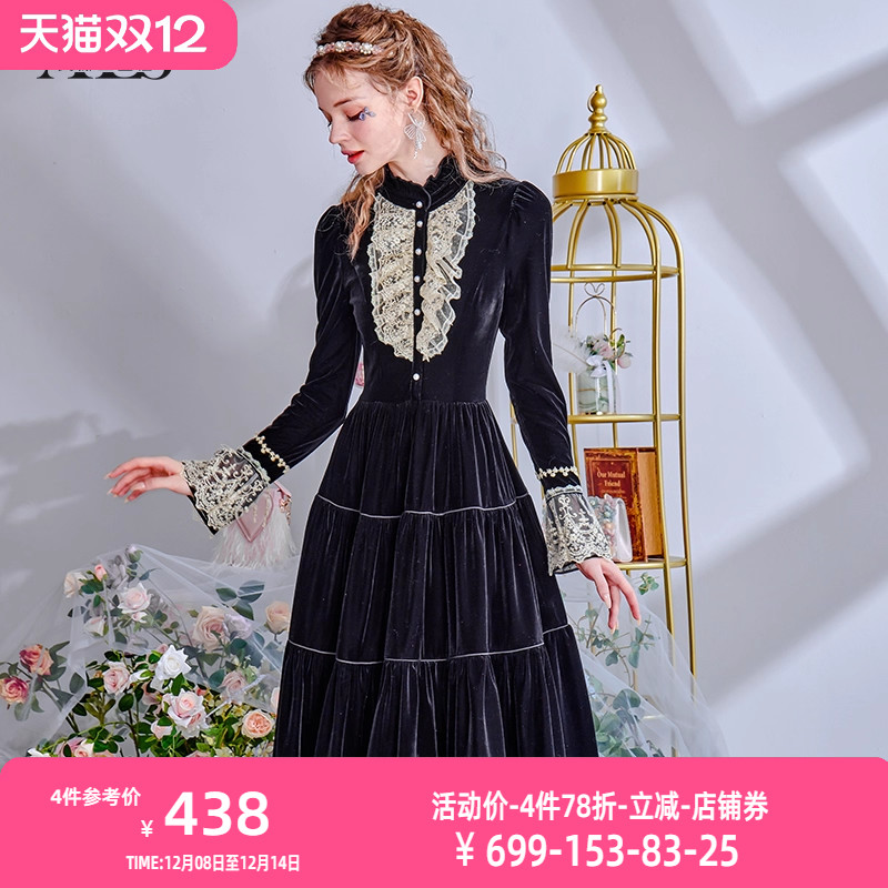 艾丽丝2025秋冬新款丝绒甜美蛋糕裙泡泡袖长袖黑色中长款连衣裙女