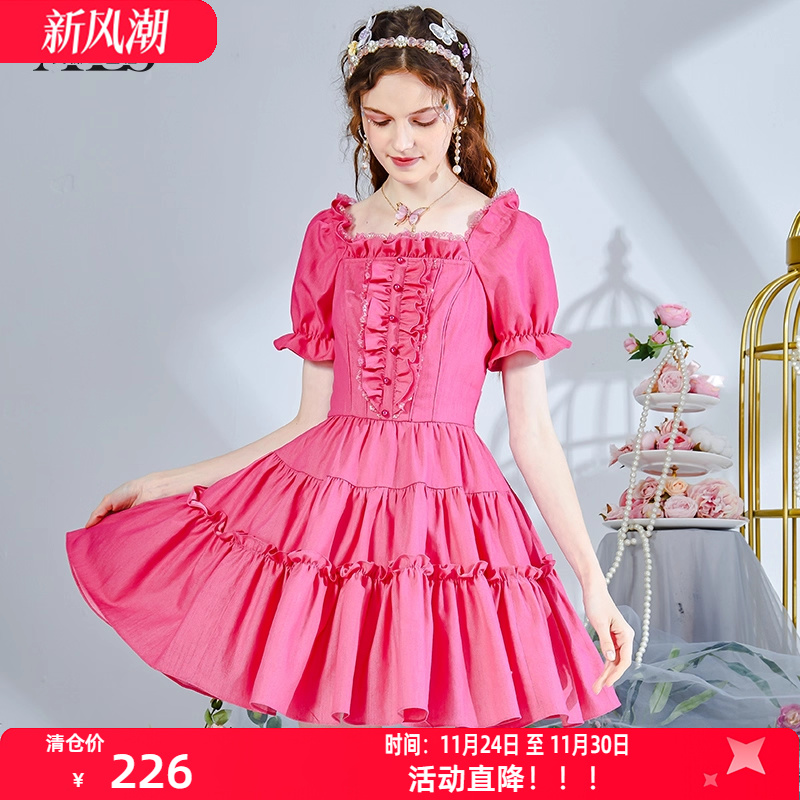 艾丽丝甜美方领短款连衣裙女2025夏季新款牛仔弹力短袖蛋糕公主裙