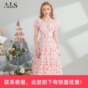 艾丽丝2026夏季新款甜美仙女公主裙粉色草莓印花中长款蛋糕连衣裙