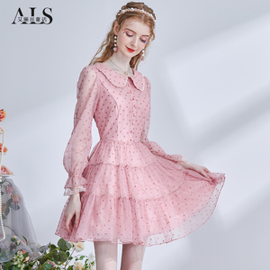 艾丽丝2025秋季新款粉色娃娃领甜美公主裙网纱印花短款蛋糕连衣裙