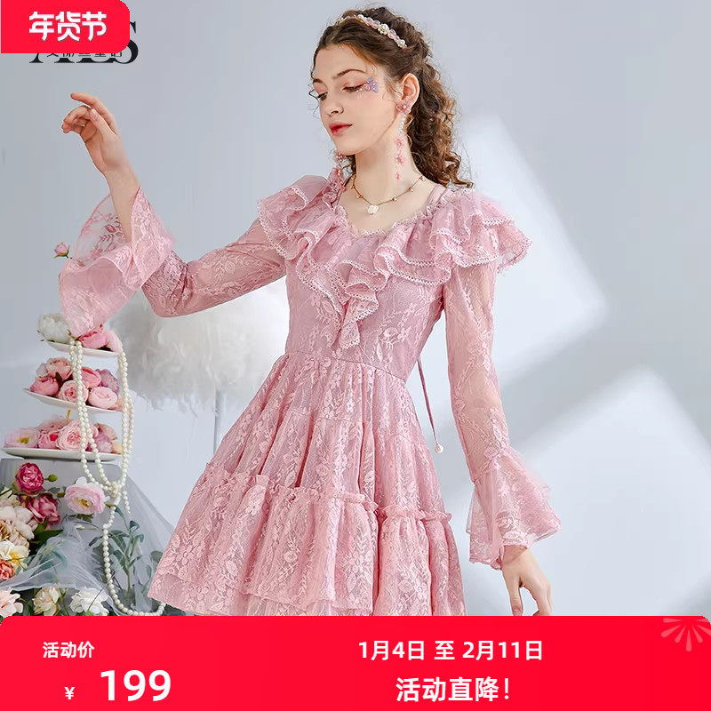 艾丽丝2025秋季新款仙气粉色刺绣短款公主裙甜美喇叭袖V领连衣裙