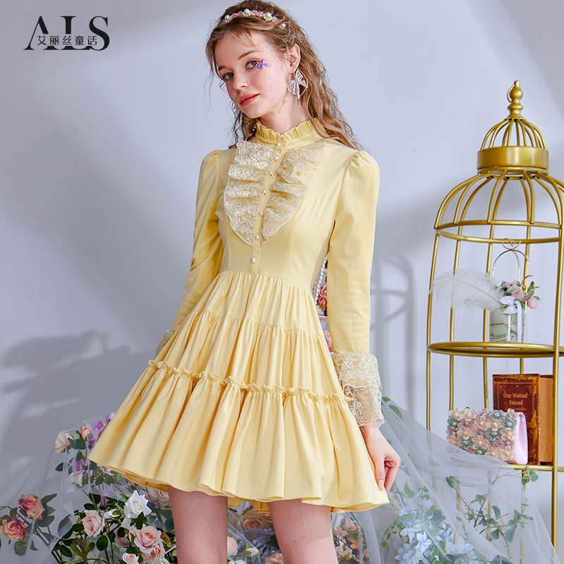 艾丽丝2025秋季新款灯芯绒黄色甜美公主风蛋糕裙泡泡袖短款连衣裙