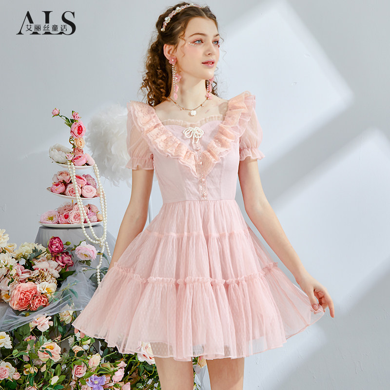 艾丽丝2025夏季新款甜美刺绣粉色短袖公主裙黑色蕾丝短款连衣裙女