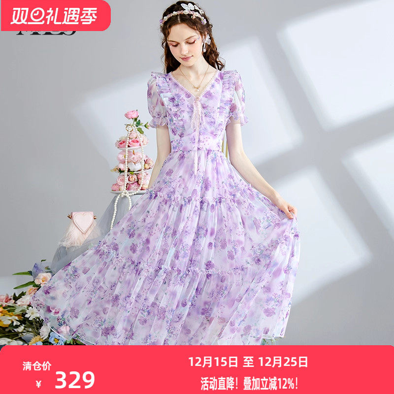 艾丽丝2025夏季新款紫色网纱印花A字裙女仙气蕾丝V领中长款连衣裙