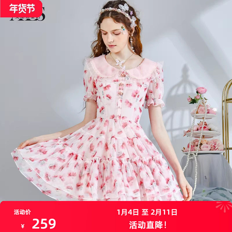 艾丽丝甜美娃娃领公主裙女2025夏新款泡泡袖粉色短袖连衣裙短裙子,女装/女士精品,连衣裙,淘宝优惠券,粉丝福利购,淘宝优惠卷