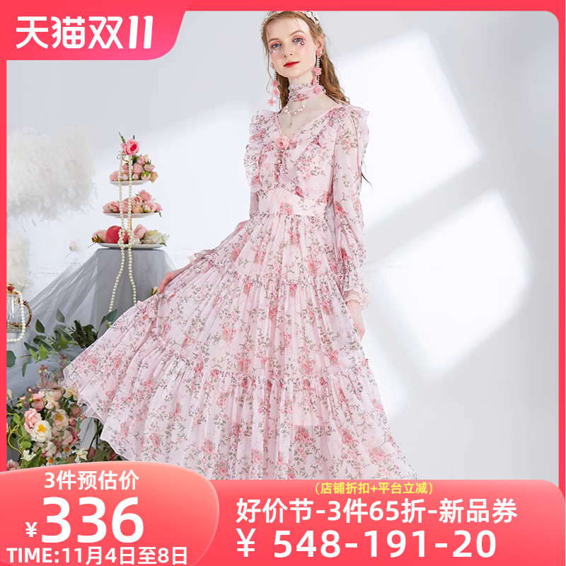 艾丽丝2023秋季新款V领长袖碎花连衣裙粉色中长款甜美公主风裙子