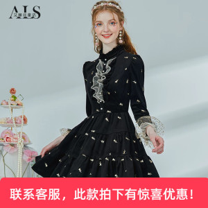 艾丽丝黑色丝绒公主风短裙2026春季新款刺绣荷叶边减龄蛋糕连衣裙