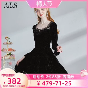 丝绒烫钻气质小黑裙方领长袖 艾丽丝2023春季 新款 公主风短裙连衣裙