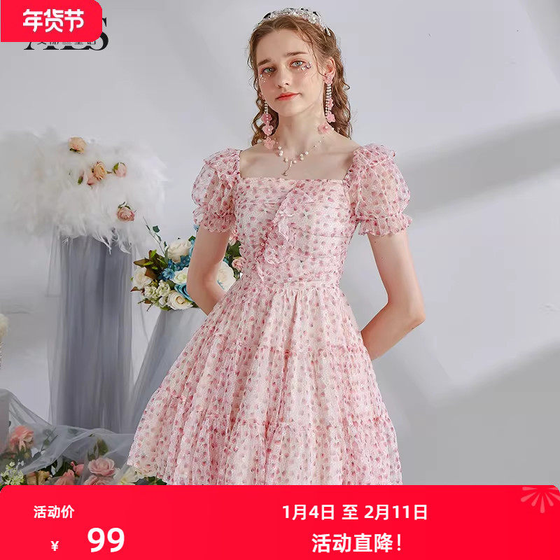 艾丽丝2025夏季新款网纱印花短袖连衣裙粉色甜美碎花荷叶边公主裙,女装/女士精品,连衣裙,淘宝优惠券,粉丝福利购,淘宝优惠卷