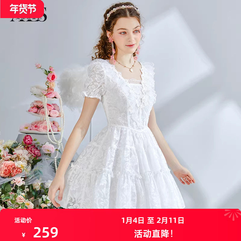 艾丽丝2025夏季新款仙气刺绣蕾丝蛋糕裙白色短袖V领短款连衣裙女,女装/女士精品,连衣裙,淘宝优惠券,粉丝福利购,淘宝优惠卷