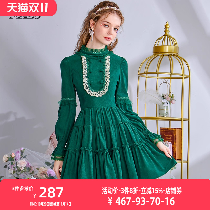 艾丽丝2025秋冬新款法式复古蛋糕裙绿色灯芯绒立领短款连衣裙女