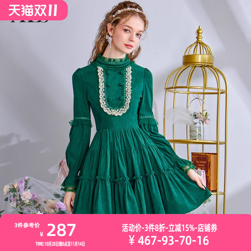 艾丽丝2025秋冬新款法式复古蛋糕裙绿色灯芯绒立领短款连衣裙女