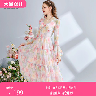 连衣裙超仙V领蕾丝A字裙女 复古刺绣印花中长款 艾丽丝2025秋季 新款