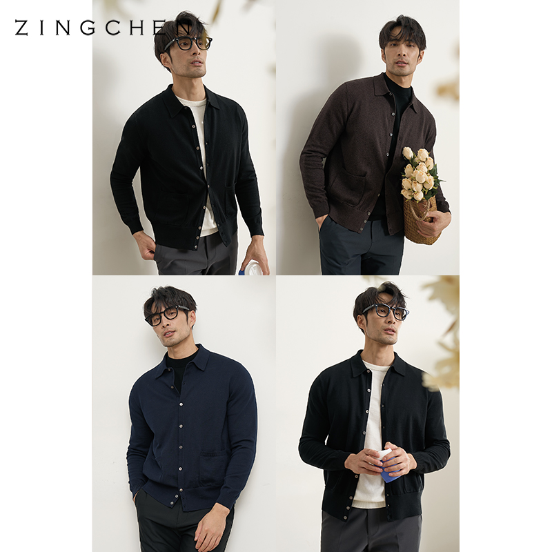 【可机洗棉山羊绒】ZINGCHEN长袖polo领开衫男 针织毛衣外套春秋