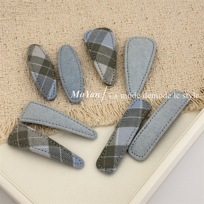 复古森系格纹牛仔浅蓝BB夹刘海夹