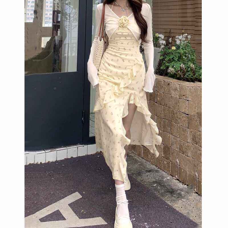 碎花吊带不规则洋装女仙辣妹炸街套装裙两件套裙子开叉淡黄长裙