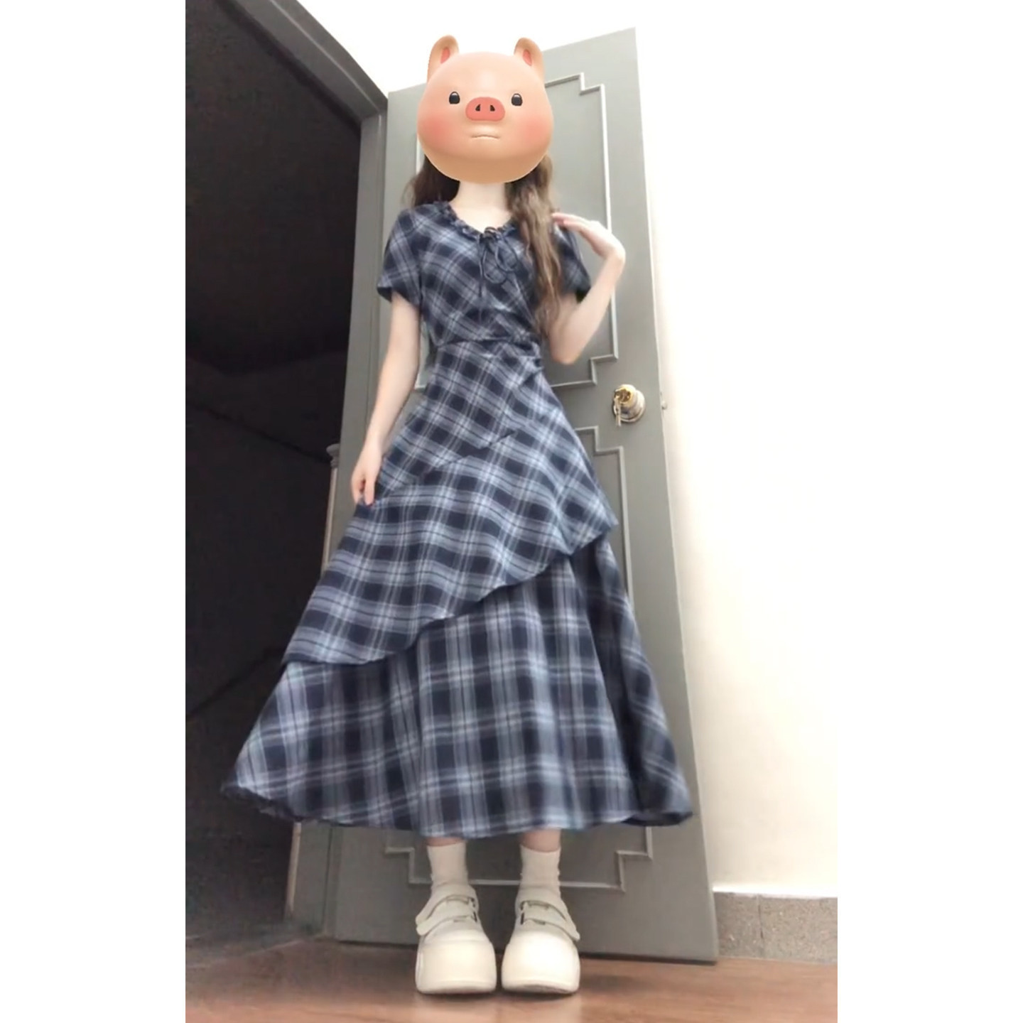 复古蓝色不规则格子连身