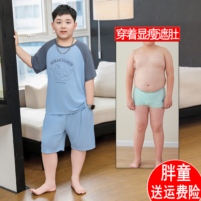 胖男童家居服套装加肥加大夏季青少年宽松凉感空调服薄睡衣两件套