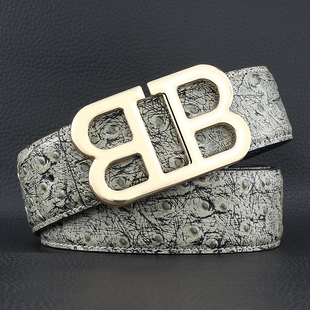皮带男士真皮韩版字母B平滑扣腰带个性网红鸵鸟纹宽青年夜店裤带
