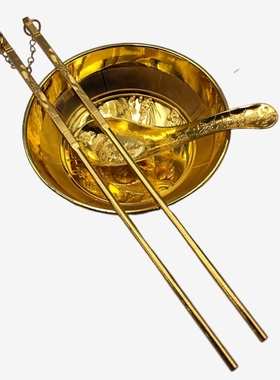 古玩杂项 小碗摆件 筷子 勺子套装 鎏金合金家居工艺装饰品 勿用