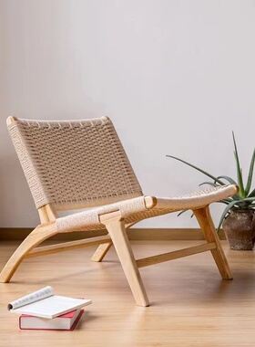沙发椅北欧实木单人马鞍皮编藤椅休闲日式中古民宿阳台懒人椅