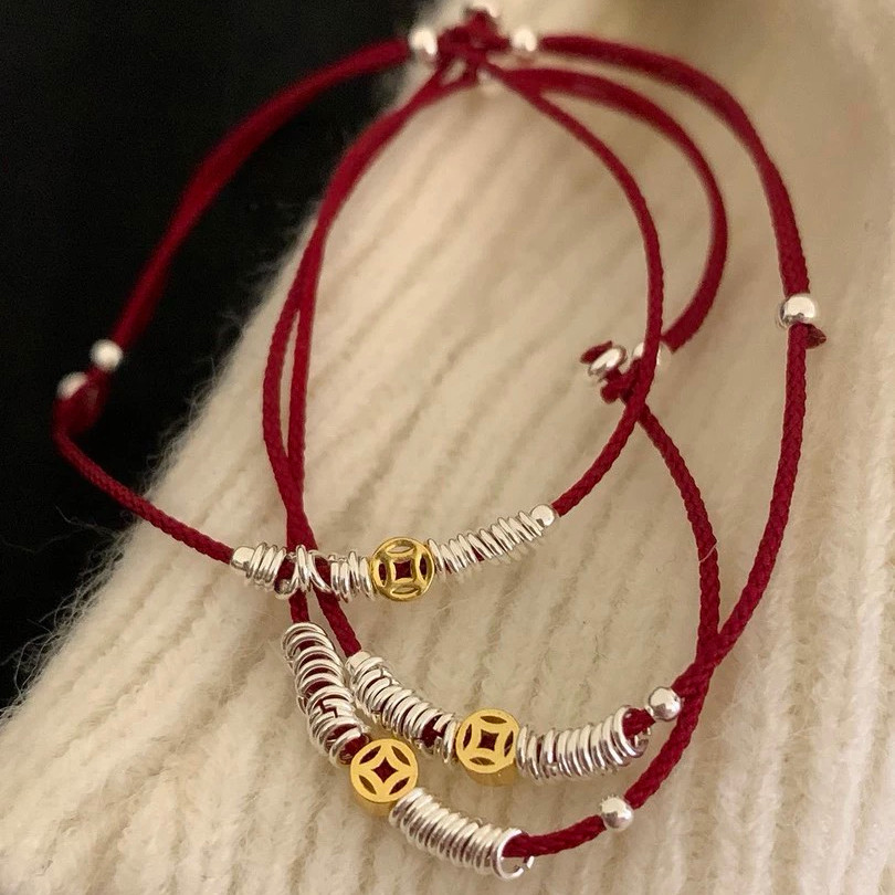 2025钱币碎银红绳手链女新年轻奢小众精致本命年编织绳SL0505