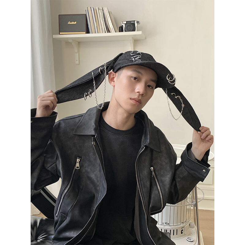 y2k原创设计黑化兔破洞棒球帽男女暗黑辣妹朋克风摆拍铆钉牛仔帽