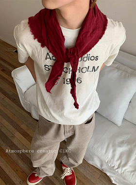 Premium red复古百搭装饰领巾男女小众做旧毛边三角巾头巾多功能