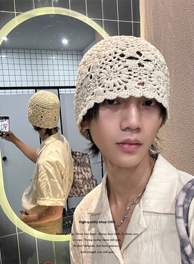 韩国小众设计复古包头男女百搭镂空手工针织毛线帽薄日系大头围帽