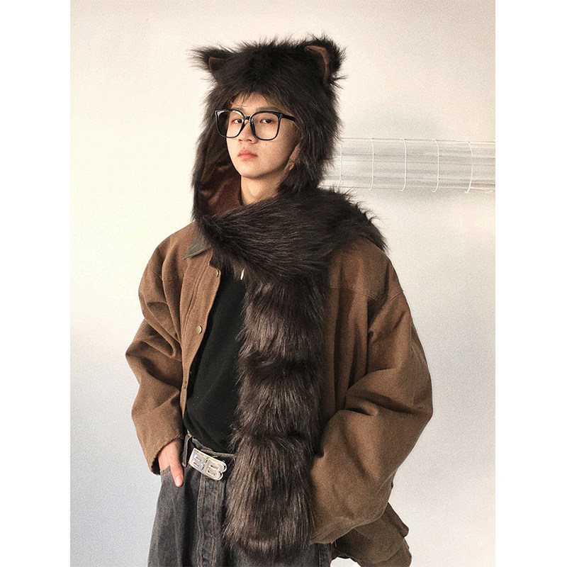 小众y2k千禧狼耳帽子围巾手套