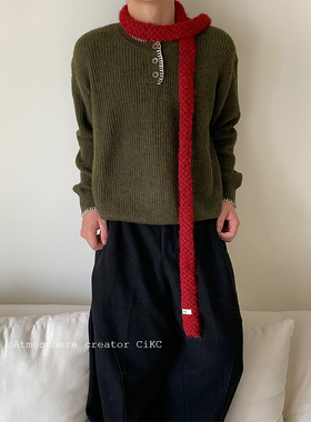CiKC 氛围感复古红色细长围巾男女小众时髦叠带卷边围脖针织设计