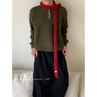 CiKC 氛围感复古红色细长围巾男女小众时髦叠带卷边围脖针织设计