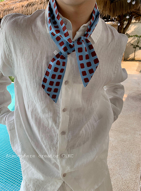 小众简约设计款格子丝巾领巾男女时髦纯棉百搭领结春夏Old money