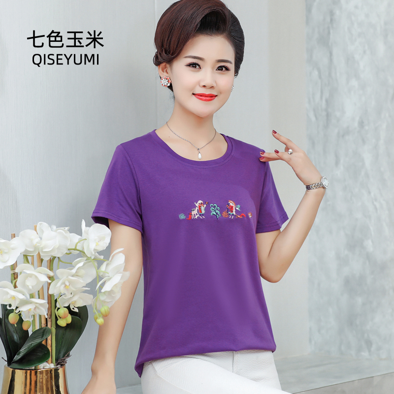 夏季跑量中老年女装绣花短袖纯棉t恤衫女圆领妈妈装