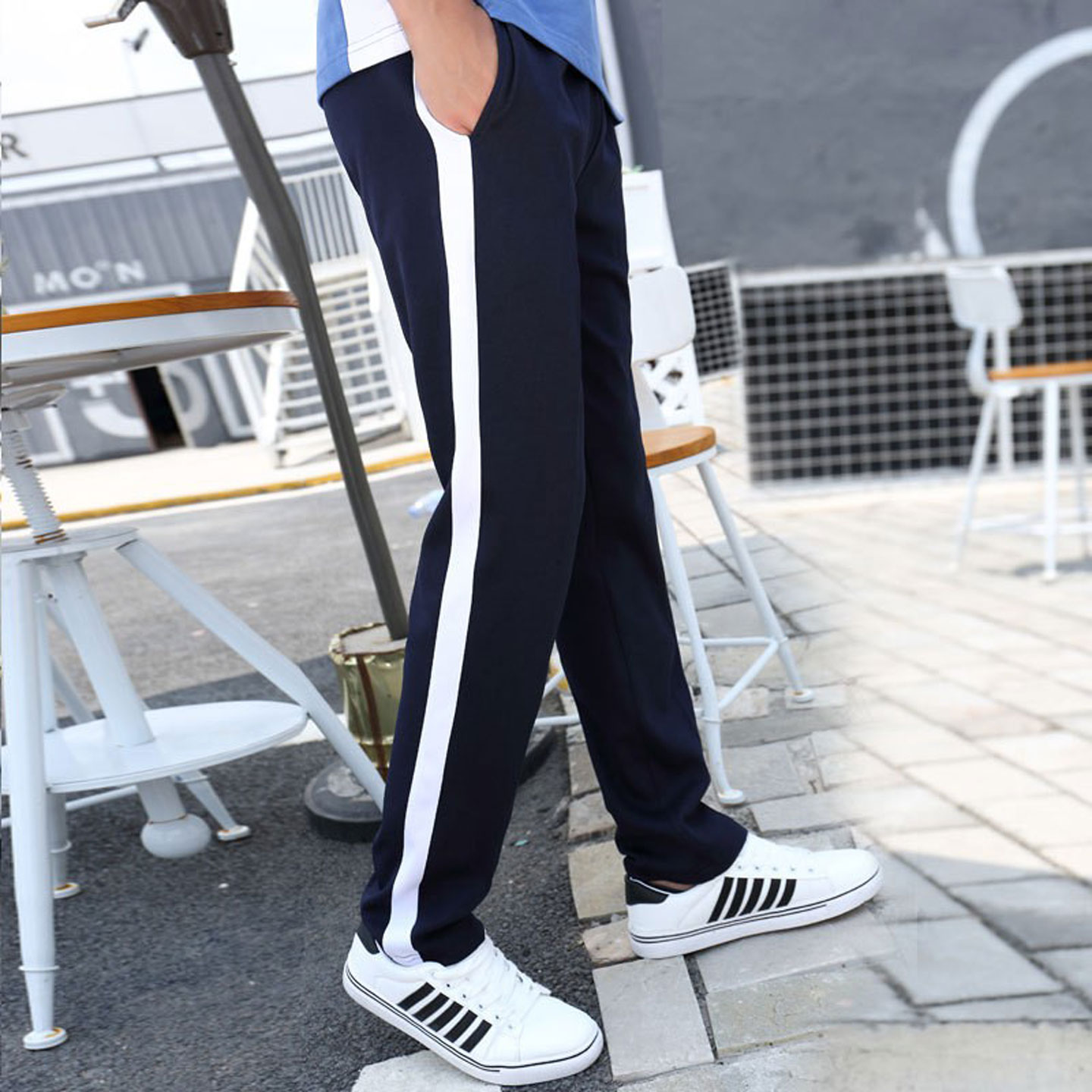 校服裤子春秋季中学生一条宽白杠