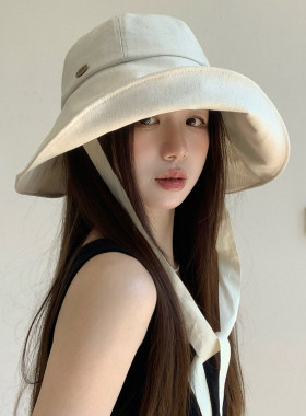 亚麻飘带渔夫帽子女春夏季大帽檐防晒遮阳帽显脸小户外遮脸盆帽潮