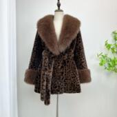 秋冬新款 豹纹皮草外套仿貂绒环保毛仿狐狸大毛领皮毛一体时尚 大衣