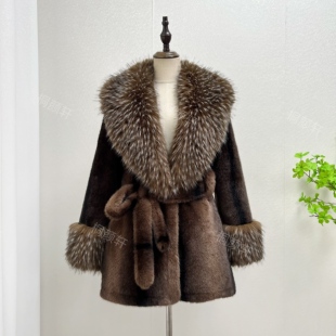 环保水貂毛女中长款金貂绒皮草外套秋冬新款皮毛一体皮草大衣2025