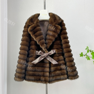 小龙猫轻奢环保毛皮草外套女中长款西服翻领条纹皮毛一体毛毛外套