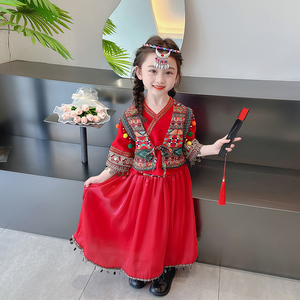 女童汉服红色连衣裙春秋款2023新款女宝宝民族风套裙女孩秋装复古