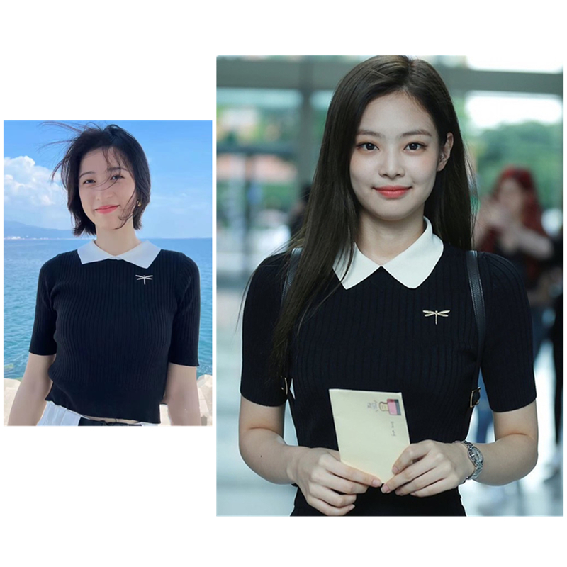 jennie金智妮明星同款上衣蜻蜓刺绣polo领黑色短袖针织衫女学院风