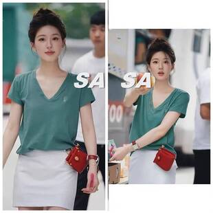 纯棉短袖 绿色正肩V领修身 t恤女潮 上衣夏季 许我耀眼许研赵露思同款